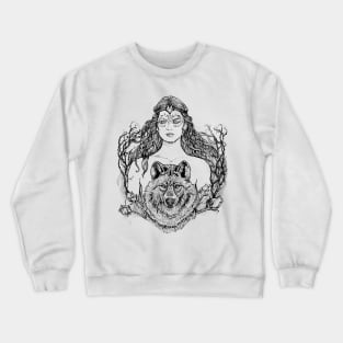 Woman with Wolf - Black and White Drawing Crewneck Sweatshirt